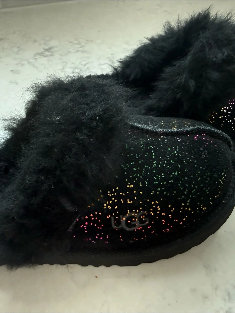UGG Cozy II - Kids Black Sheepskin Slide Slippers with Multicolor Glitter